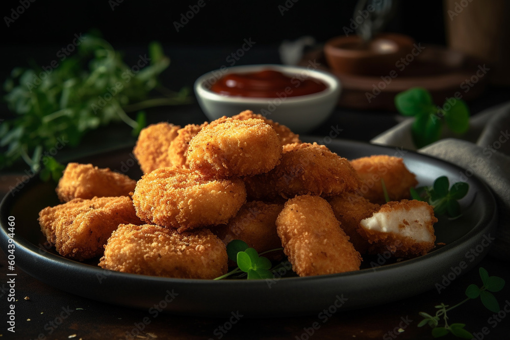 Plate of freshly cooked chicken nuggets product photography. Ai generated Plate of freshly cooked chicken nuggets product photography. Ai generated