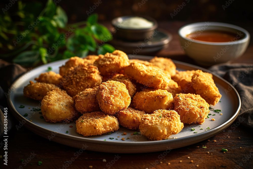 Plate of freshly cooked chicken nuggets product photography. Ai generated Plate of freshly cooked chicken nuggets product photography. Ai generated