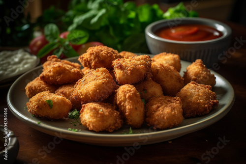 Plate of freshly cooked chicken nuggets product photography. Ai generated