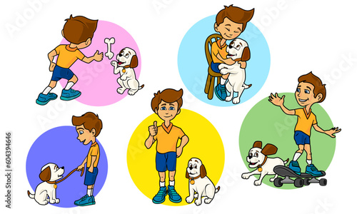 Niño jugando con perro pequeño blanco