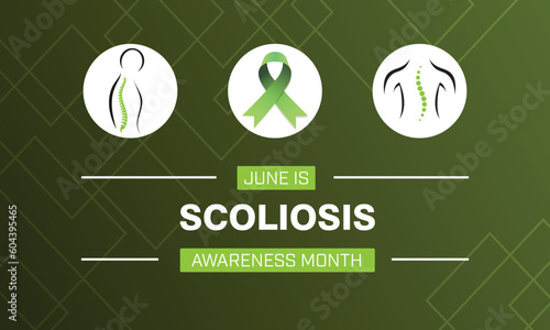 Scoliosis Awareness Month design with a green ribbon and spine logo on a green background. Vector illustration