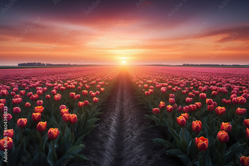 Beautiful view of the red tulip field at sunset. Generative AI