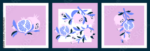 Set of vector illustrations of pomegranate. Ripe fruit on branches, half pomegranate with seeds, with leaves and flowers in hand drawn flat style. For interior decor, prints, cards