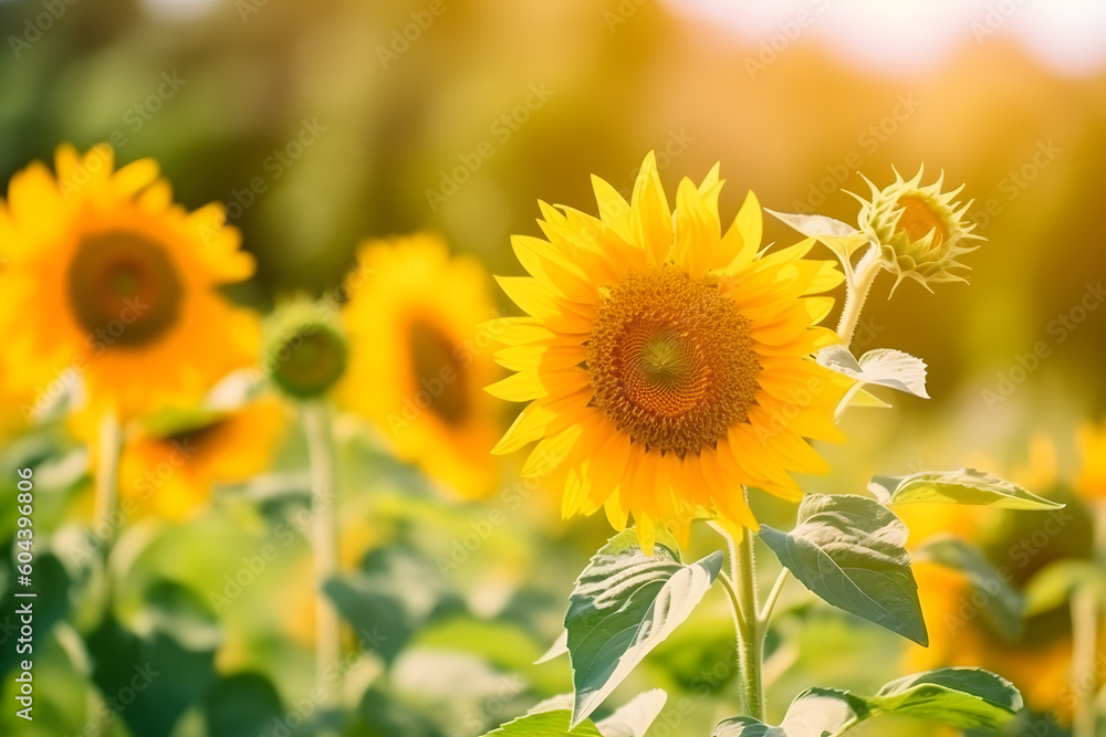 Sunset over sunflower field, Generative AI Sunset over sunflower field, Generative AI