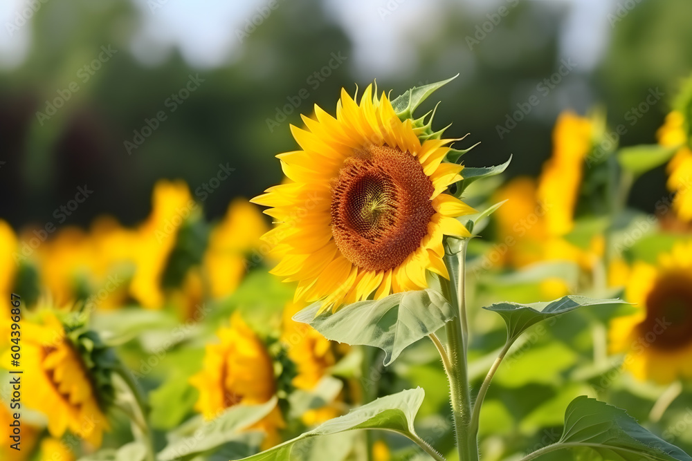 Obraz premium Sunset over sunflower field, Generative AI