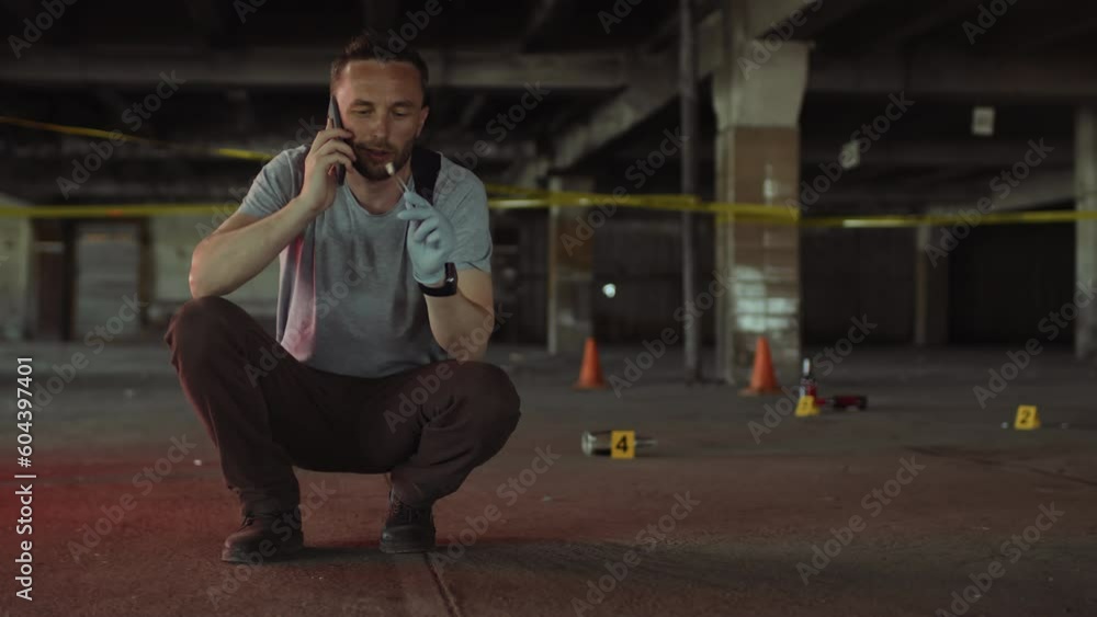 Full shot of young Caucasian male police detective or FBI agent in plain clothes squatting on ground at crime scene, examining cigarette stub, talking on smartphone, and red, blue car lights flashing Full shot of young Caucasian male police detective or FBI agent in plain clothes squatting on ground at crime scene, examining cigarette stub, talking on smartphone, and red, blue car lights flashing