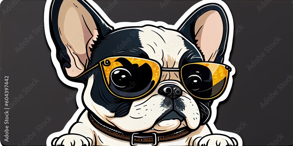 Art design in french bulldog sticker die cut of dog with minimal concept. Decorated in cartoon graphic isolated on plain background. Glorious generative AI. - obrazy, fototapety, plakaty 