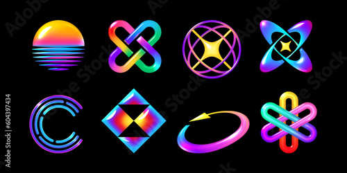 Y2K style 3D element set, multicolored abstract shapes with bright neon glow. Perfect for futuristic or 2000s style graphics and design, vector illustration