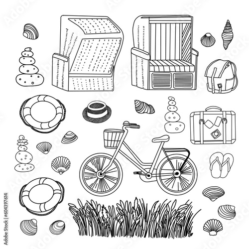 Beach clip art set with straw hat, suitcase, backpack, shells, beach chair, bicycle, stone pyramid. Isolated elements. Stock illustration. Hand painted.