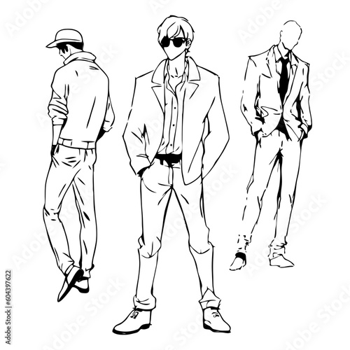 Fashionable Men Sketch Collection, Casual Fashion Illustrations on White Background
