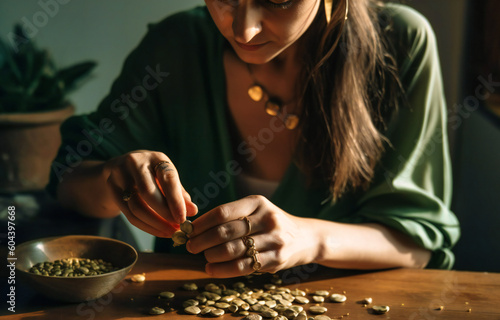 woman in a green shirt is putting seeds on her hand