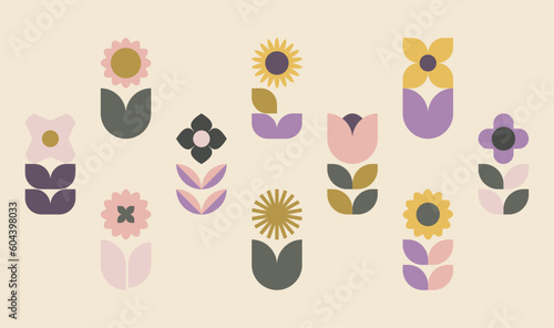 Geometric minimalist Spring / Summer flowers. Modern soft bauhaus inspired shapes, primitive blocks swiss style. Trendy art templates.