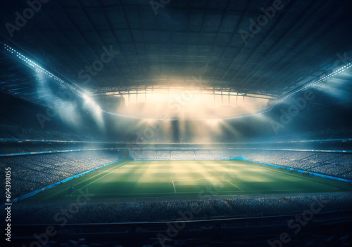 an empty soccer stadium behind light beams