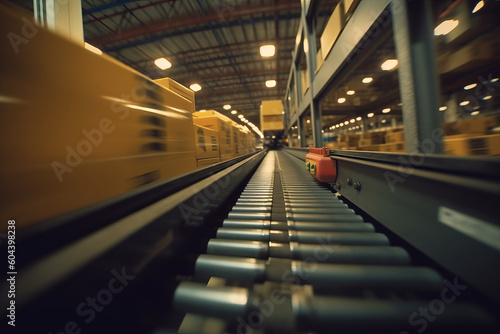 Low angle point of view of a warehouse conveyor belt. Generative ai