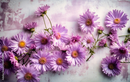 purple flowers are arranged on white board