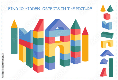 Find hidden objects. Wooden cubes and other shapes castle. Puzzle Hidden Items. Educational game for kids. Building.  Sketch vector illustration