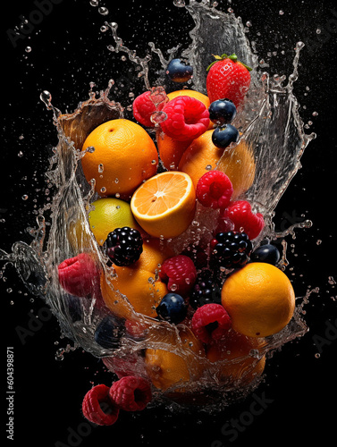 different fruits with a splash of water over the black background. High quality photo Generative AI