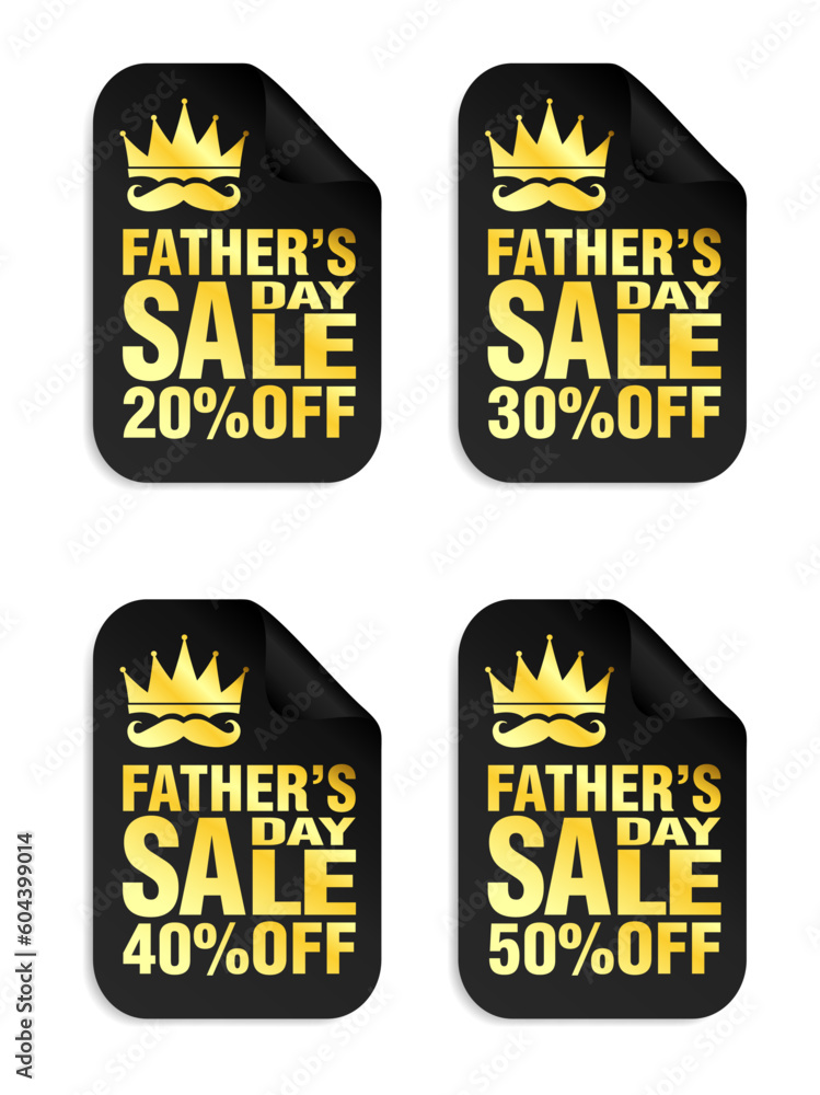 Fathers day sale black stickers set 20%, 30%, 40%, 50% off discount