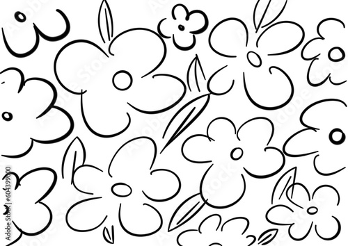 Black drawing line of seamless floral pattern, design for fabrics print or wallpaper, hand drawing vector, Isolated floral elements, daisy, aster, chrysanthemum. Line childish drawings