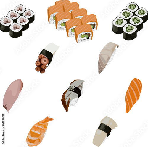 Sushi, Japanese food menu vector illustration. Rolls and sushi isolated on white background.