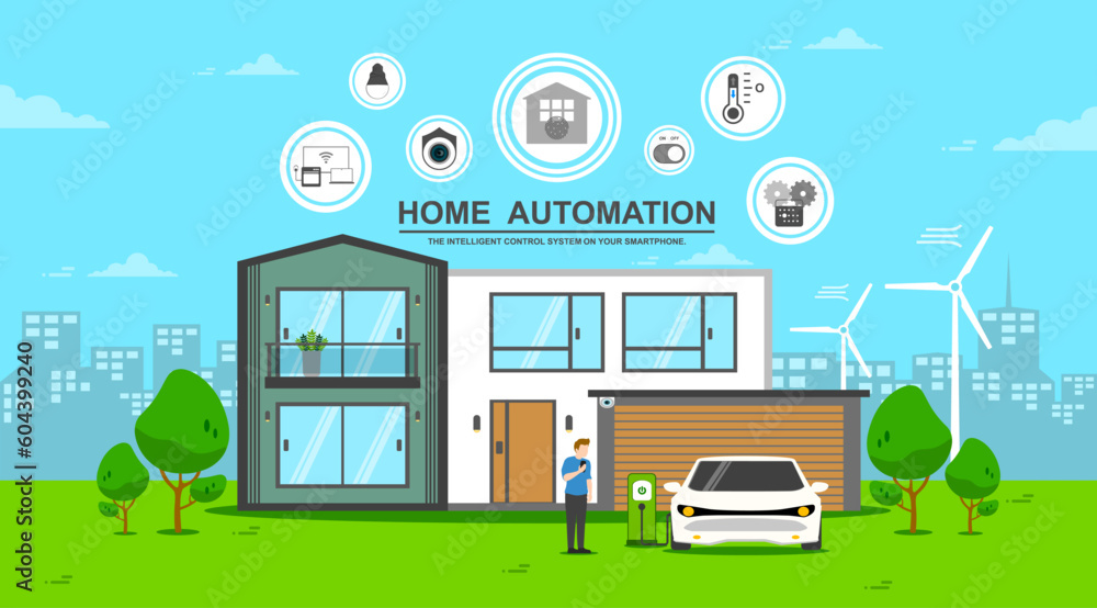 Smart home technology, Home automation system, Application on smartphone for security camera, Electric appliance and Devices control, Infographic program for monitoring or management in the buildings.