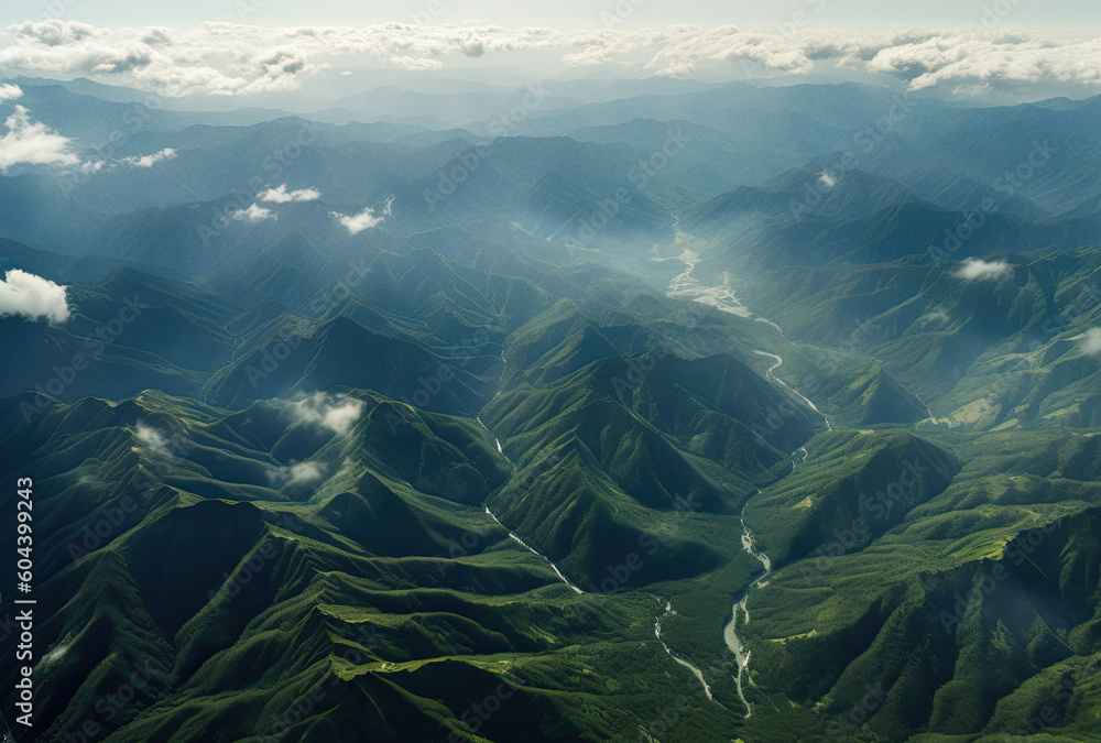Aerial view of land and water in the valley, ai generated artwork