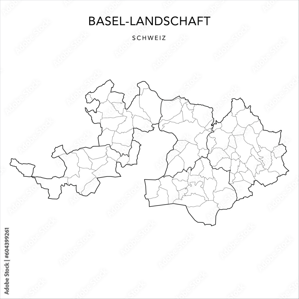 Administrative Vector Map of the Canton of Basel-Country (Basel-Landschaft) with borders of Districts (Bezirke) and Municipalities (Gemeinde) as of 2023 - Switzerland