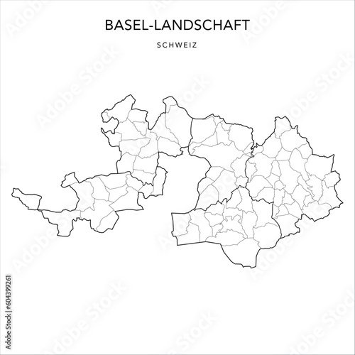 Administrative Vector Map of the Canton of Basel-Country (Basel-Landschaft) with borders of Districts (Bezirke) and Municipalities (Gemeinde) as of 2023 - Switzerland