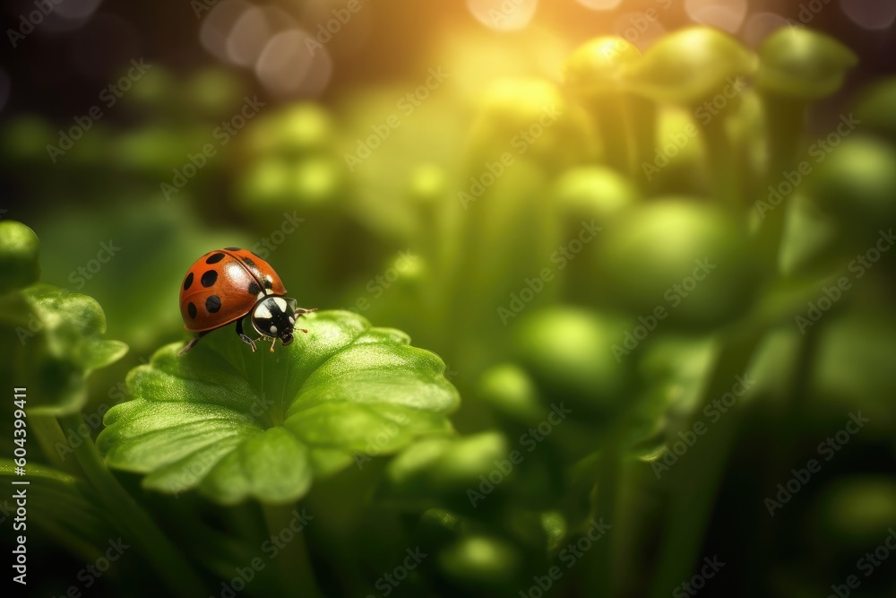Lucky Encounter: Ladybug Perched on a Four-Leaf Clover Lucky Encounter: Ladybug Perched on a Four-Leaf Clover