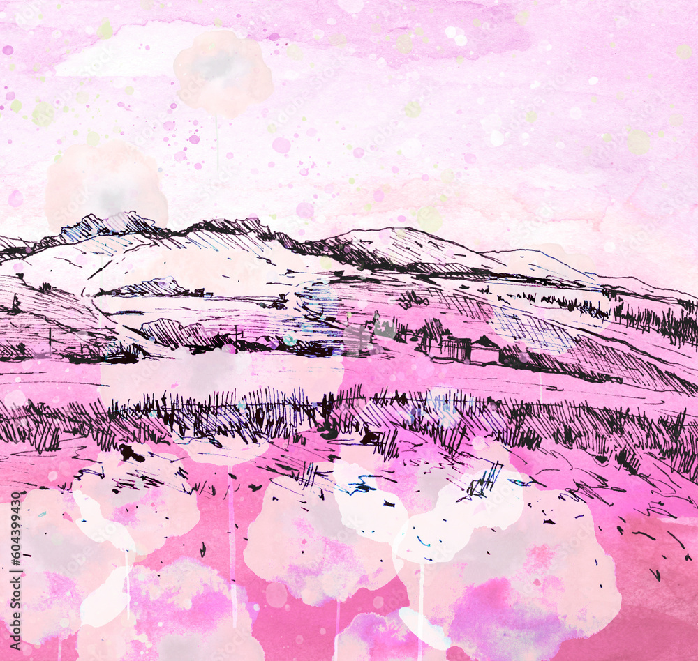 Obraz premium Mountain with pine trees and landscape black on white background. Hand drawn rocky peaks in sketch style. Landscape with spruce forest. red poppy, flowering.Blooming poppy meadow on a summer day