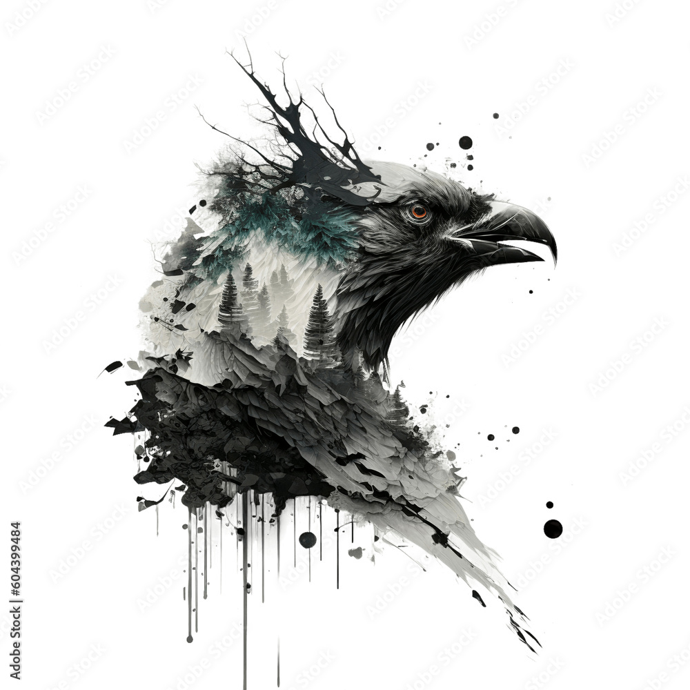Fototapeta premium Hawk bird isolated on transparent background in black and white color