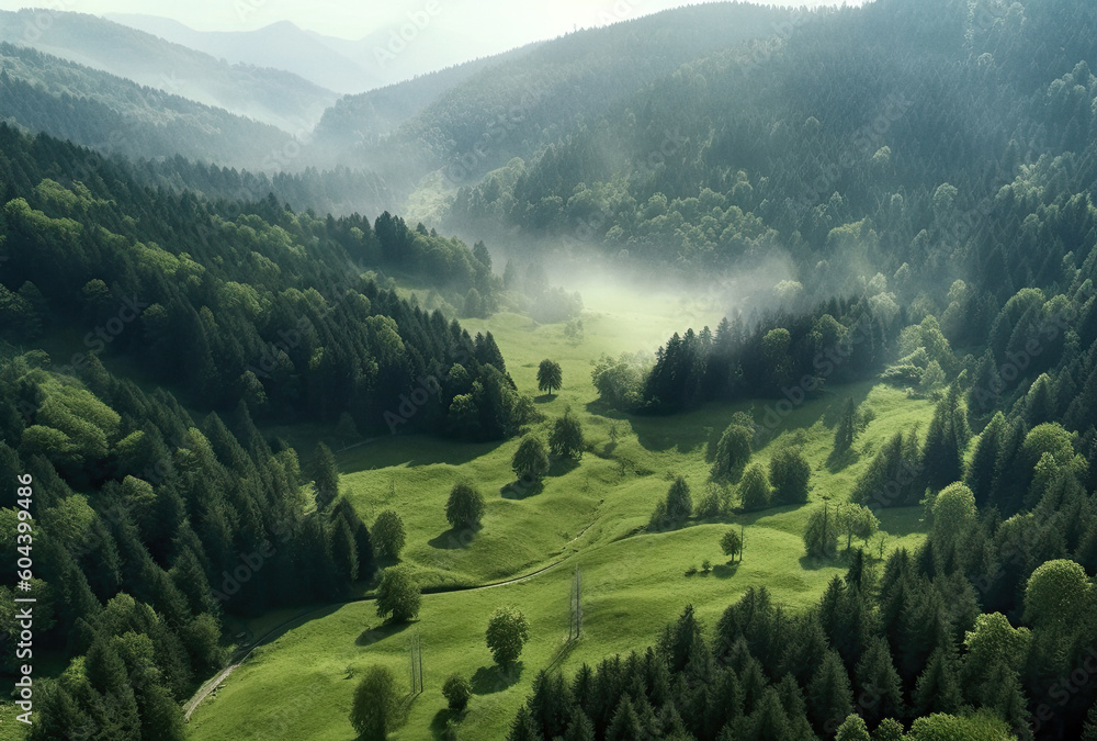 Obraz premium Green mountain valley with trees, ai generated artwork