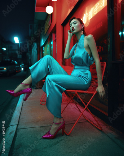 Fashion woman sitting on chair in the street, ai generated artwork