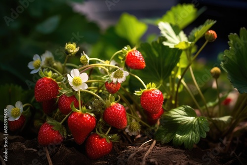 Nature's Bounty: Luscious Blooming Red Strawberries at a Garden