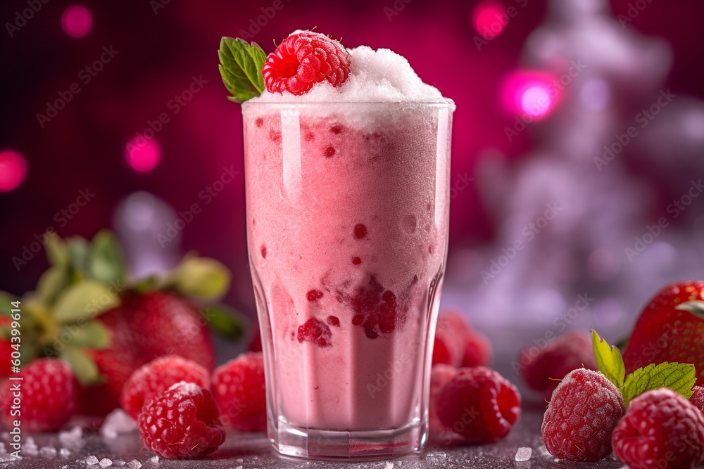Raspberry smoothie or milkshake with berries and oatmeal in glass jar on gray or white concrete background. Vegetarian healthy drink. Close up. Selective focus. High quality photo Generative AI Raspberry smoothie or milkshake with berries and oatmeal in glass jar on gray or white concrete background. Vegetarian healthy drink. Close up. Selective focus. High quality photo Generative AI