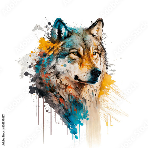 Gray Wolf head isolated on transparent background with color ink splash