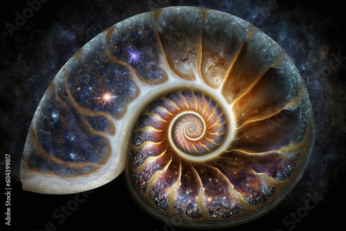 Spiral galaxy milky way on the shell of a golden snail