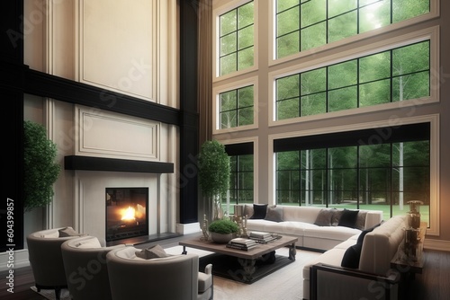 Experience the Ultimate Luxury Living with a Stunning Hardwood Floored Living Room and Fireplace in Your New Home with a Breathtaking View, Generative AI.