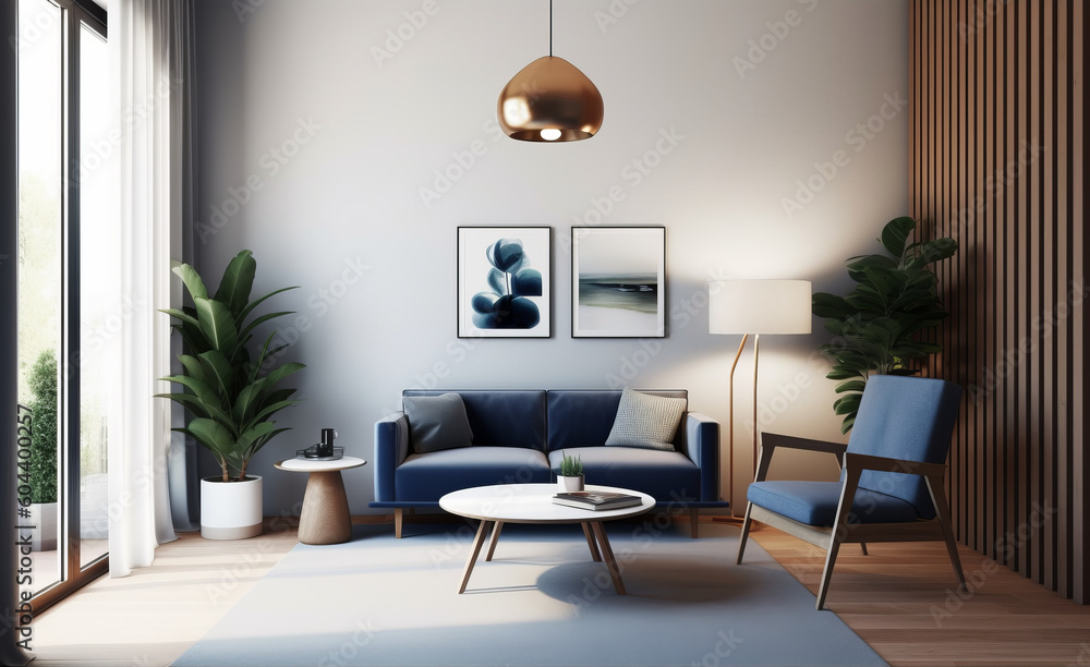 Fototapeta premium Transform Your Home Decor with Modern Interior Featuring Blue Sofa, Curtains, Armchair, Table, Posters, and Wooden Accessories, Generative AI.