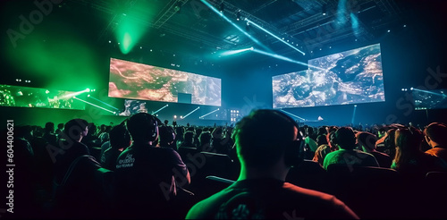 Experience the Thrill of Competitive Gaming at the Spectacular E-Sports Arena with LED Lights and Enthusiastic Fans  120 characters   Generative AI.