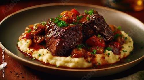 Succulent Indulgence. Braised short ribs, mashed potatoes, roasted vegetables. Gourmet concept AI Generative