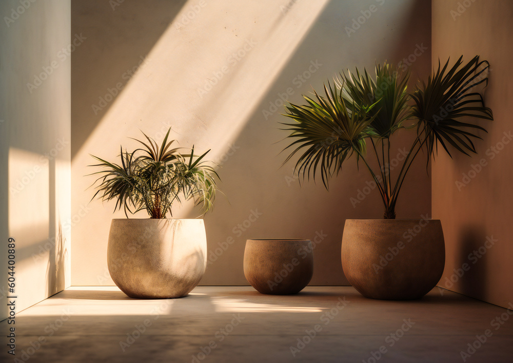 three plant pots in front of a white wall