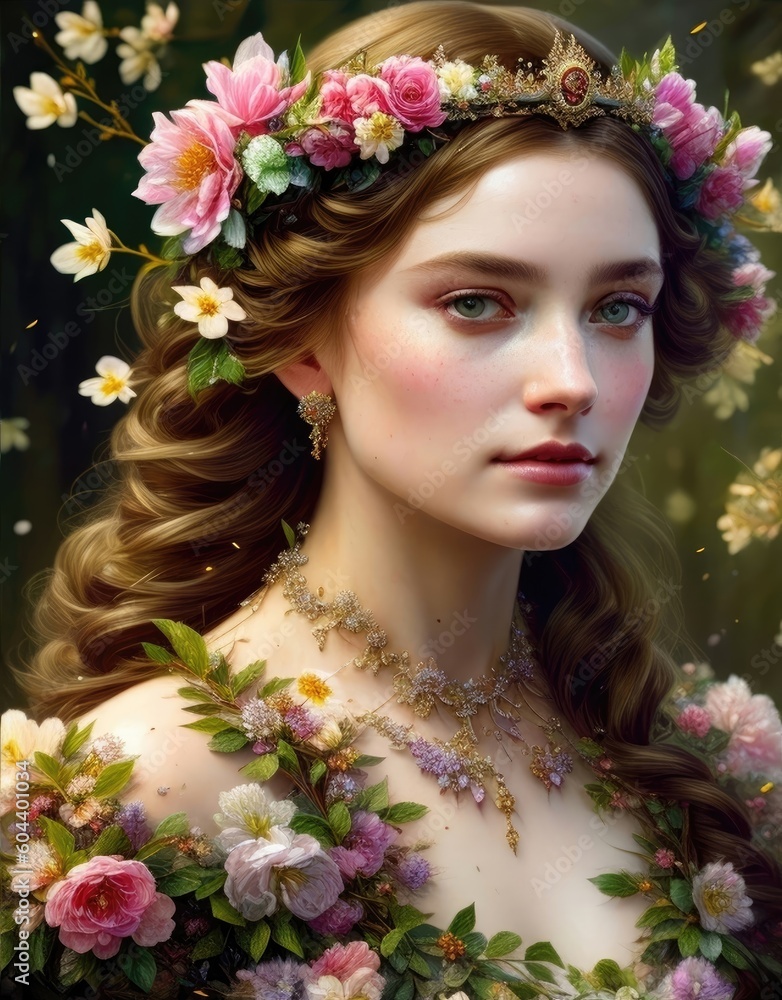 Portrait of a beautiful woman in a dress of flowers, Fictional Person created by Generative AI technology