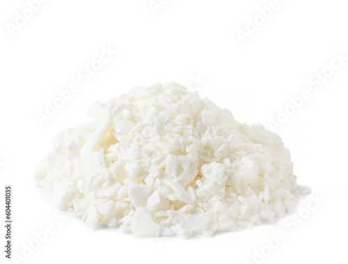 Organic white soy wax flakes for candles in isolated on white background