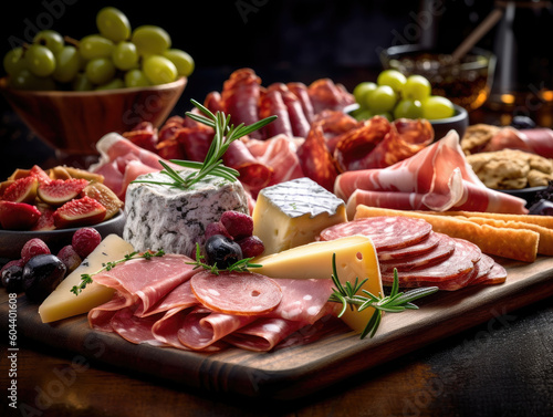 Charcuterie board featuring an array of artisanal cheeses, cured meats, olives, and other delicious accompaniments AI Generative