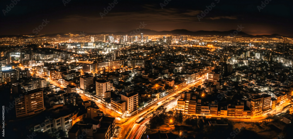 night view of a city with many lights and a city of buildings