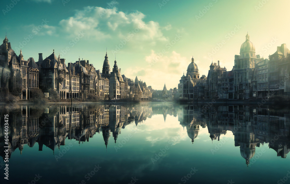 a beautiful cityscape with reflection in the water