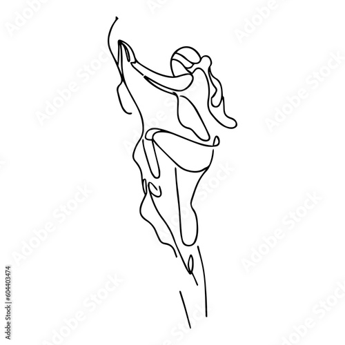 Vector one line illustration. Woman rock climber climbs the mountain.