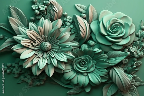 Composition of mint artificial flowers on a mint background. Generative AI