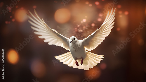 A white dove in beautiful light and glare. The concept of freedom and the International Day of Peace. Generative ai.